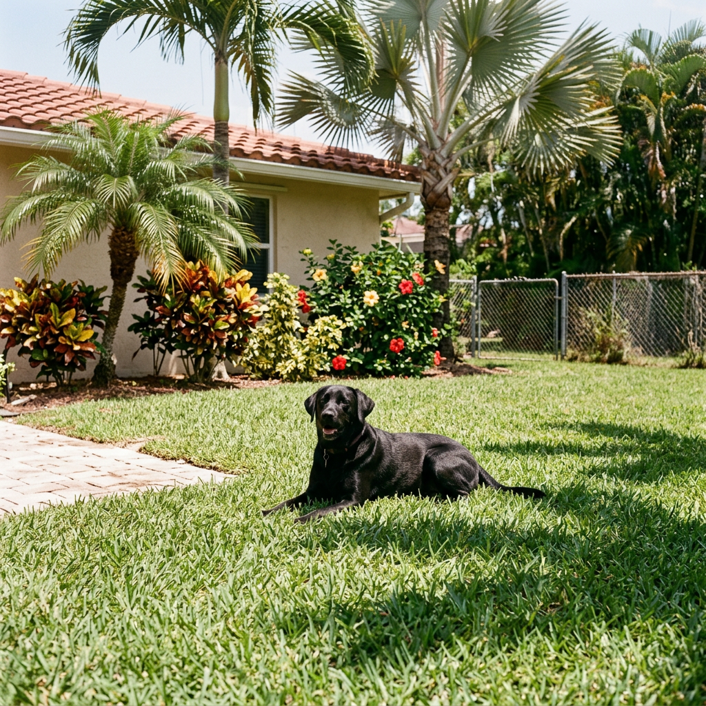 Black dog lying on grass in a backyard with tropical plants and a house in the background